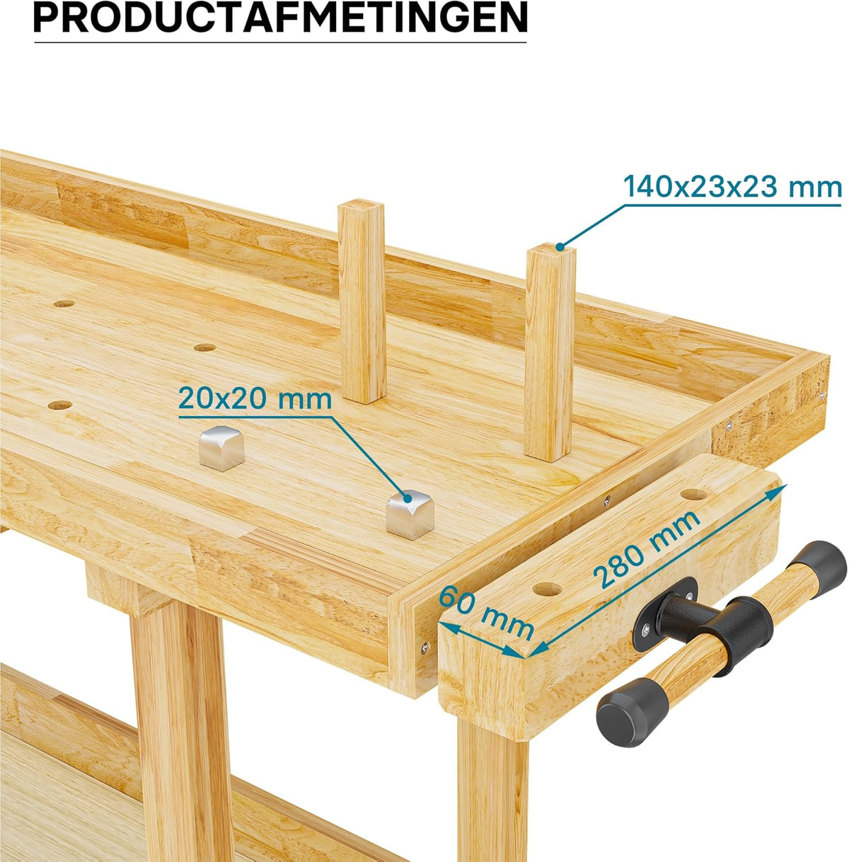 Werkbank 145x49x86cm hout (Rubberwood) met schuiflade, opbergbak, spantangen en bankschroeven