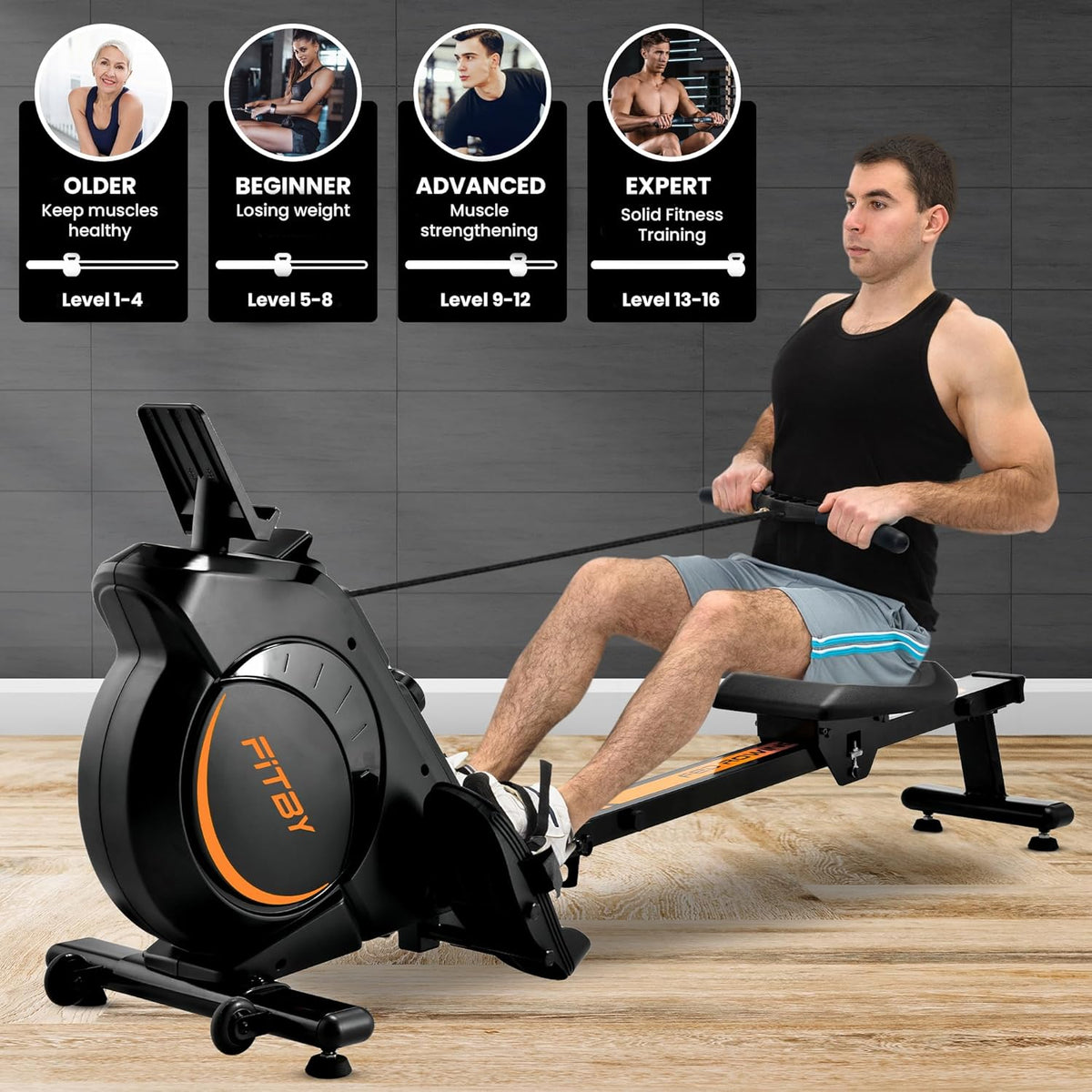Rowing machine for home - Rowing machine with adjustable magnetic resistance - Rowing machine with 16 resistance levels - Collapsible - 150 kg load - LCD monitor - Black - QUORE