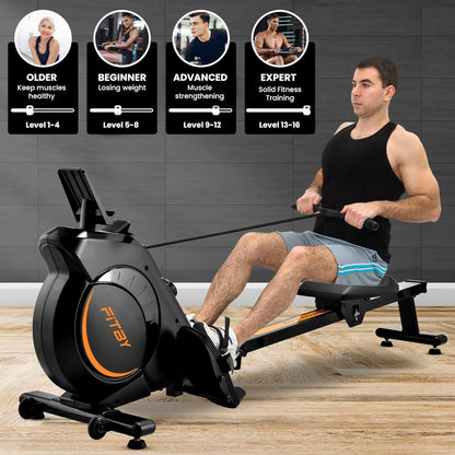 Rowing machine for home - Rowing machine with adjustable magnetic resistance - Rowing machine with 16 resistance levels - Collapsible - 150 kg load - LCD monitor - Black - QUORE
