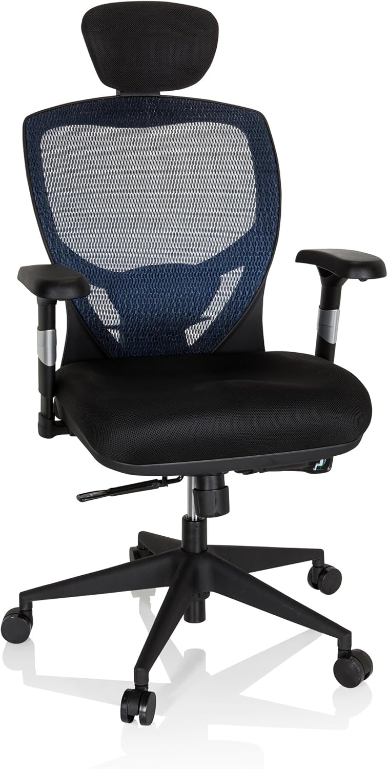 hjh OFFICE Venus Base 657110 Bureaustoel, managersstoel, blauw, ergonomische flexibele lendensteun, hoog zitcomfort, ergonomische draaistoel met verstelbare armleuningen, bureaustoel