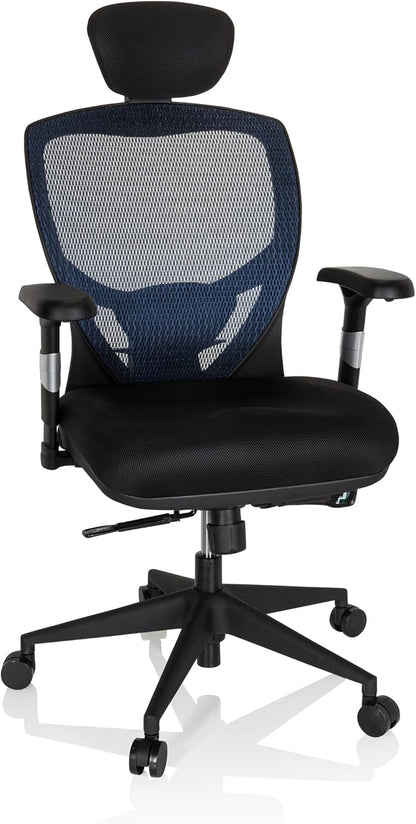 hjh OFFICE Venus Base 657110 Bureaustoel, managersstoel, blauw, ergonomische flexibele lendensteun, hoog zitcomfort, ergonomische draaistoel met verstelbare armleuningen, bureaustoel
