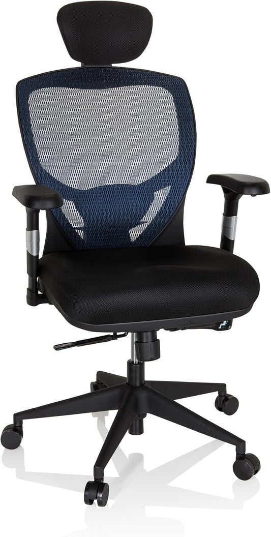 hjh OFFICE Venus Base 657110 Bureaustoel, managersstoel, blauw, ergonomische flexibele lendensteun, hoog zitcomfort, ergonomische draaistoel met verstelbare armleuningen, bureaustoel