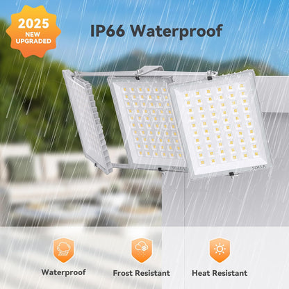 SOLLA Led-schijnwerper voor buiten, 600 W, ultra helder, 60.000 lumen, 6000 K, daglicht, wit, IP66 waterdicht, 3 heads outdoor floodlight, veiligheidsverlichting voor tuinen, patio's, straatgrijs