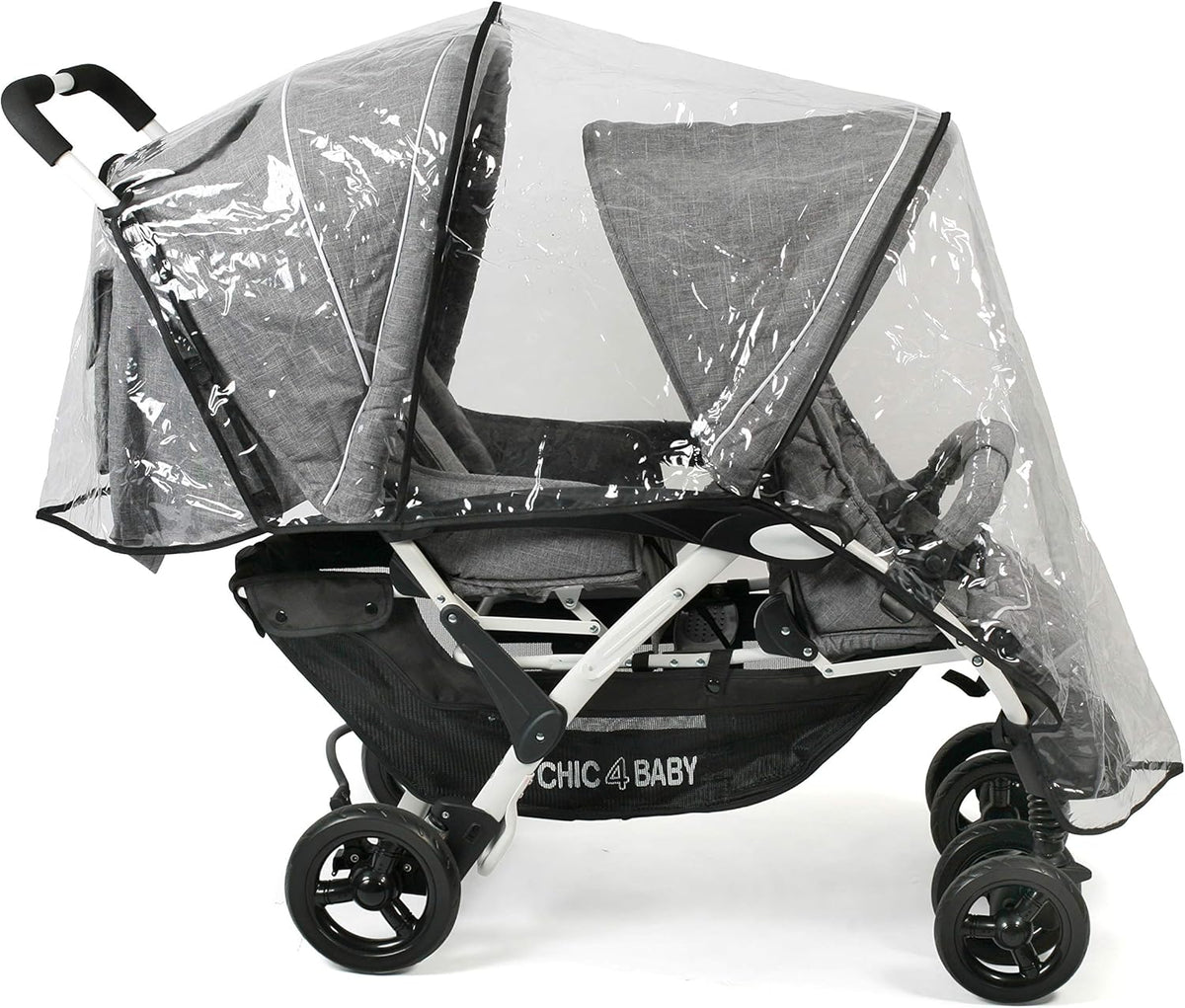 CHIC 4 BABY - Duo broers en zussen met draagtas en regenbescherming, broers en zussen kinderwagen voor twee kinderen, tweelingwagen, twinningsbuggy, tandembuggy, kinderwagen, jeans grijs