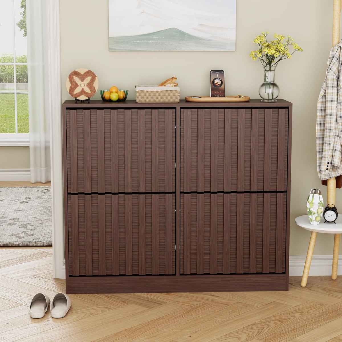 Schoenenkast – Schoenopberger – Schoenrek – Schoenmeubel – Schoenenkast Kiept – Verstelbare Plank – Natuurlijke Houtlook – Compact 102x24x86,5 cm