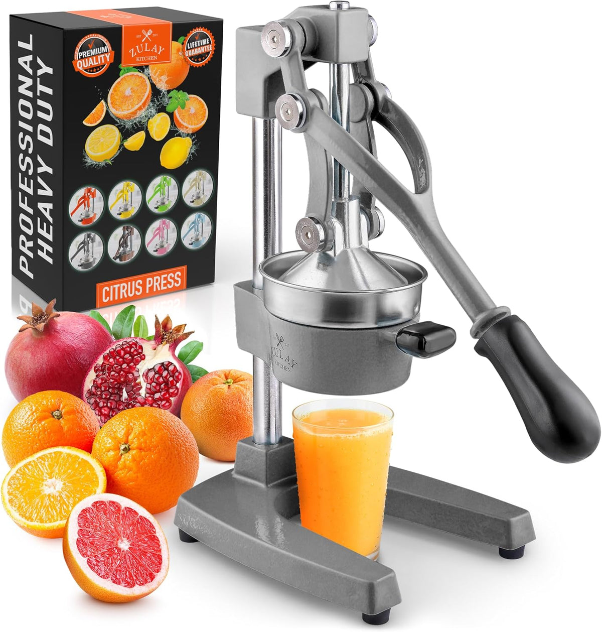 Zulay Kitchen Gietijzeren citruspers, gemakkelijk te reinigen, duurzaam, professionele citruspers van roestvrij staal, handmatige citroenpers en oranje (grijs)