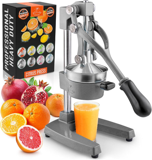 Zulay Kitchen Gietijzeren citruspers, gemakkelijk te reinigen, duurzaam, professionele citruspers van roestvrij staal, handmatige citroenpers en oranje (grijs)