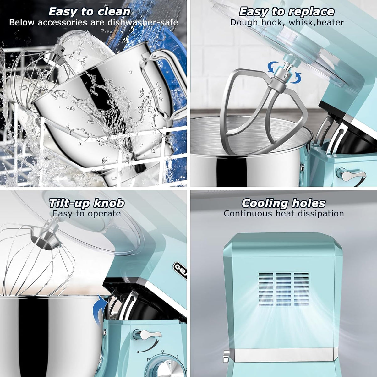 CHeflee Keukenmachine, 2000 W, krachtige kneedmachine, met kneed- en roerfunctie, 6 snelheden, geluidsarme deegkneedmachine, 8 liter, roestvrijstalen kom, kneedhaak en garde, stofhoes