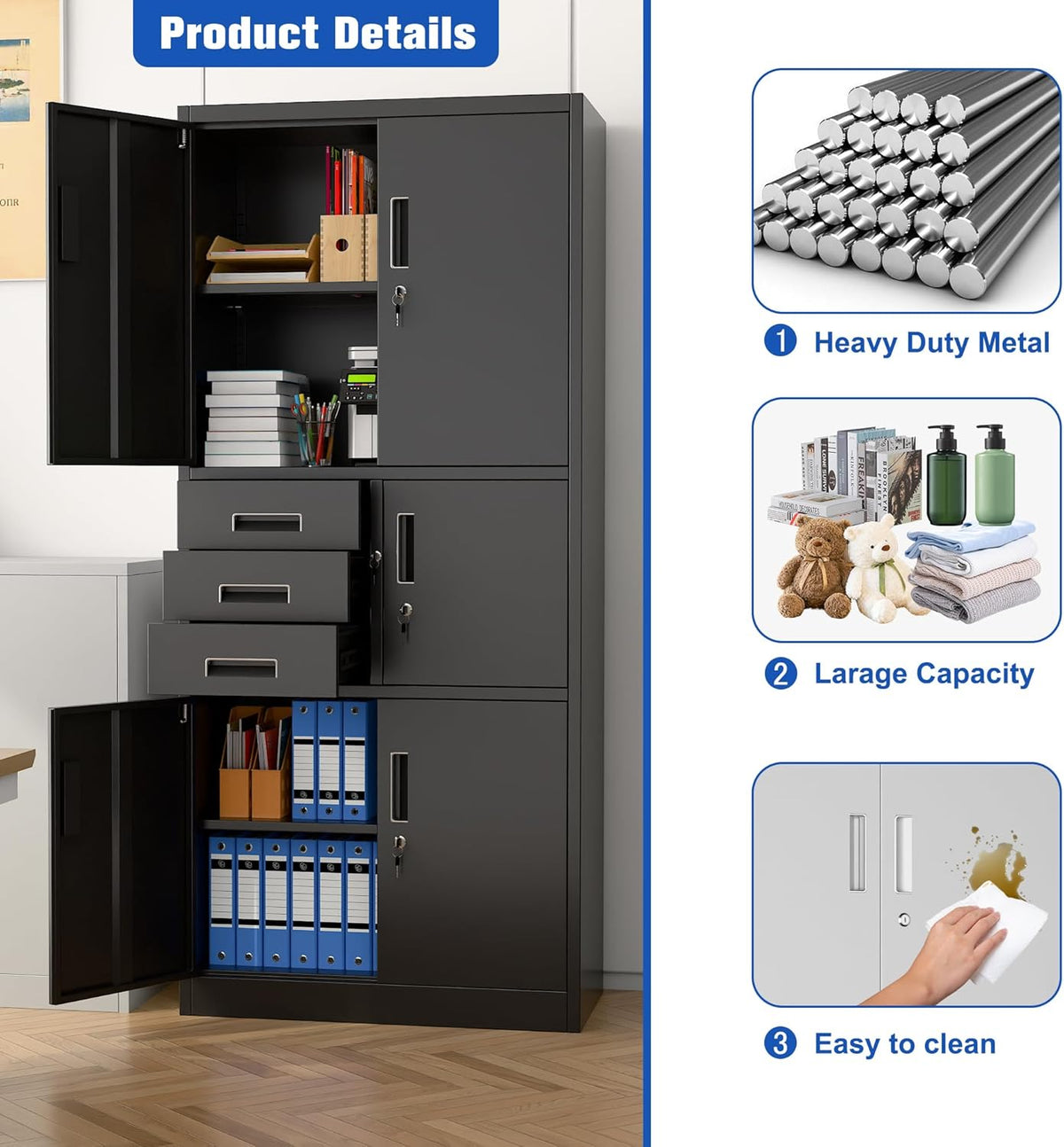 Metal Storage Cabinet with 5 Doors and 3 Drawers, Metal File Cabinet with Doors and Shelves, Steel Cabinet with Lock for Office, Warehouse, Home, 180 x 80 x 40 cm - QUORE