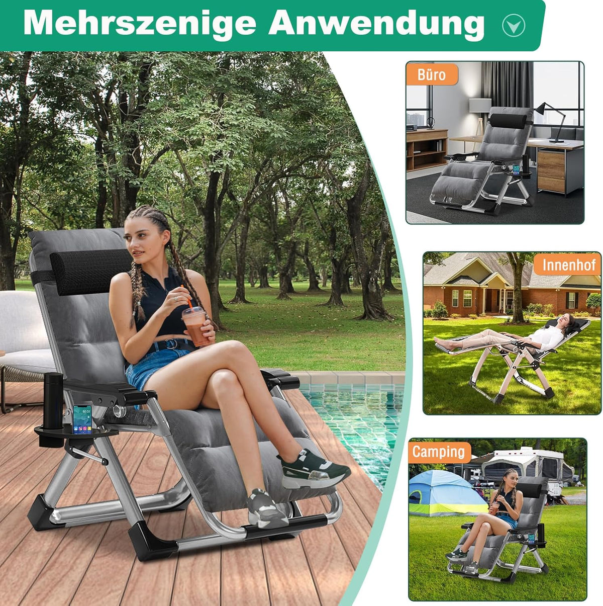Ligstoel – Ligstoel Lounger – Tuinstoel – Relaxstoel – Opvouwbaar – Verstelbaar 90°-170° – Carbonstaal Frame – Inclusief Kussen en Zijzak