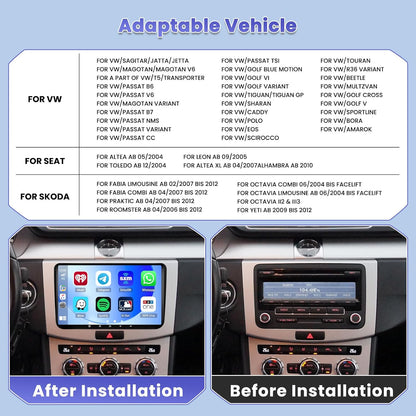 8-Core/4G+64G/DSP Autoradio Android pour VW Golf 5 Golf 6 Polo Passat Tiguan T5 Transporter Seat Leon avec Sans Fil CarPlay Android Auto, 9" écran Tactile avec BT GPS WiFi RDS FM USB+CAM