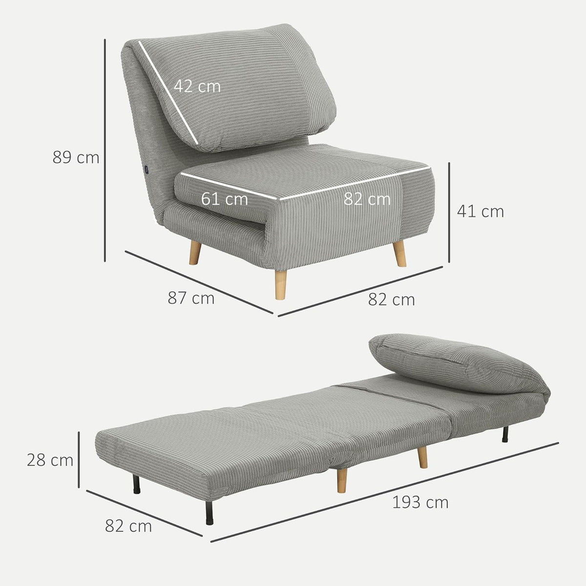 HOMCOM 2-in-1 Schlafsofa Schlafsessel Verstellbar Klappmatratze Gästebett im Cord-Optik, für Schlafzimmer, Wohnzimmer Grau 82 x 89 x 83 cm - QUORE