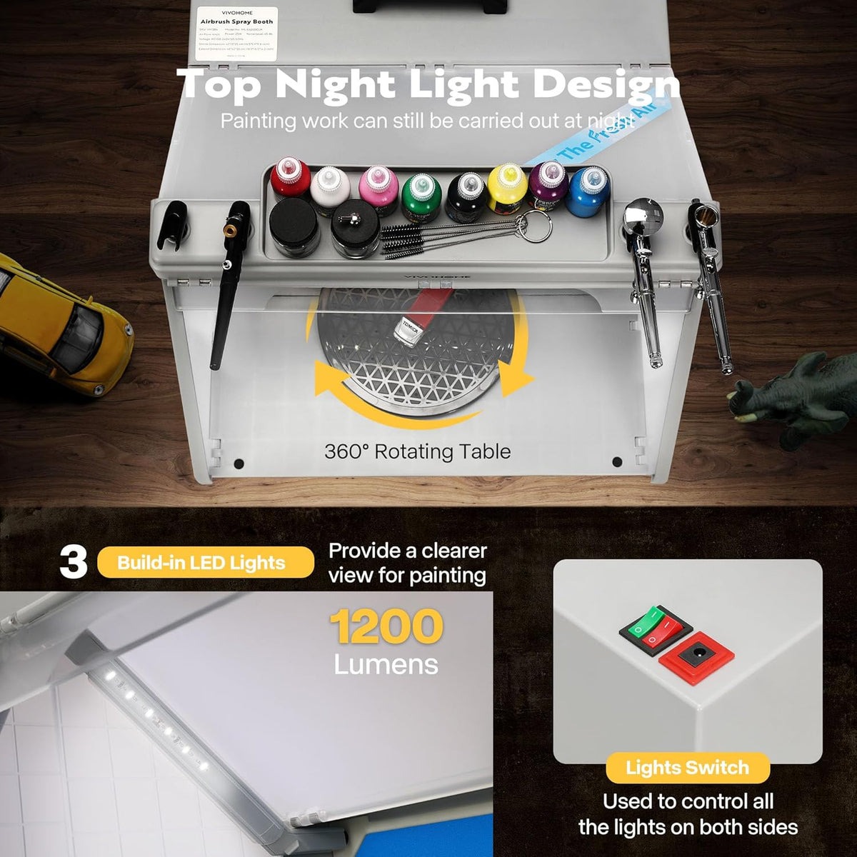 VIVOHOME Draagbare Airbrush Verfspuitcabineset met 3 Led Lampjes Verf- en Spuitpistoolrekken Draaitafel en Filterslang Airbrushcabine Voor het Schilderen van Modelbouw