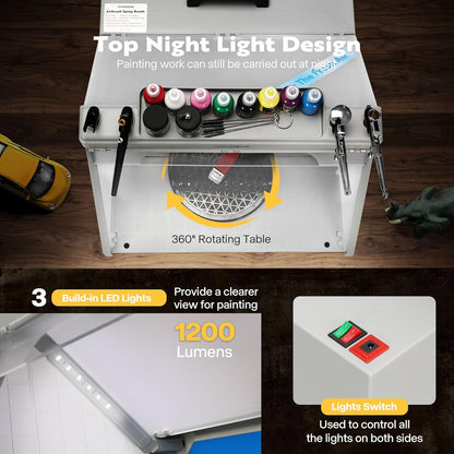 VIVOHOME Draagbare Airbrush Verfspuitcabineset met 3 Led Lampjes Verf- en Spuitpistoolrekken Draaitafel en Filterslang Airbrushcabine Voor het Schilderen van Modelbouw