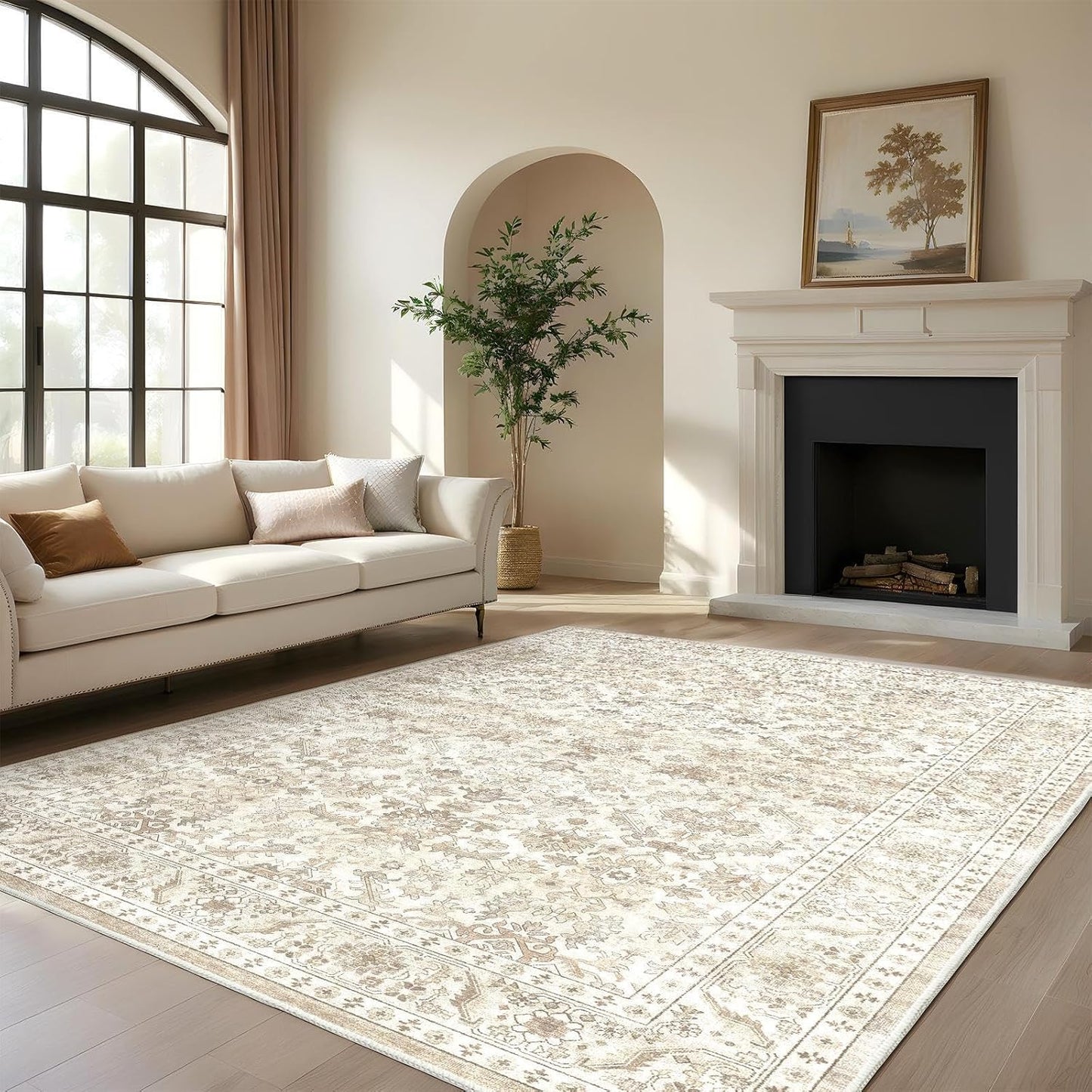 HOMFINE Vintage tapijt - woonkamertapijt slaapkamertapijt wasbare tapijten eetkamertapijt laagpolig buitentapijt pluizig antisliptapijt 240 x 340 cm Beige