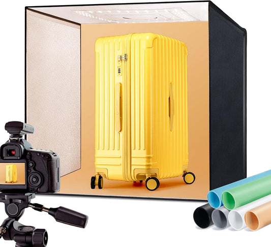 RALENO 60x58cm fotobox, opvouwbare fotostudio lichtbak voor productfotografie met verstelbare LED-lamp (65W, 5500K, 97CRI) inclusief 6 waterdichte PVC productfotografie achtergronden