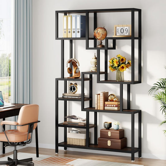 Tribesigns Industry 7 Tier Bookcase, 180 cm Tall Floor, Wooden Bookcase, Open Exhibition Rack with Metal Frame for Living Room, Home Office, Rustic Brown