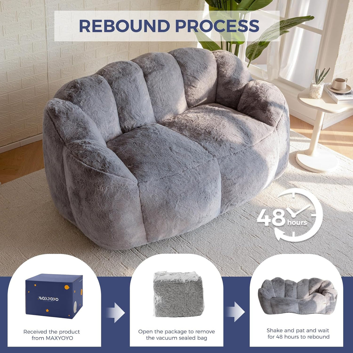 MAXYOYO Bean Bag, Flower Shaped 2 Seater Sofa with Filling, Soft Faux Fur Floor Sofa, Loveseat for Living Room/Bedroom