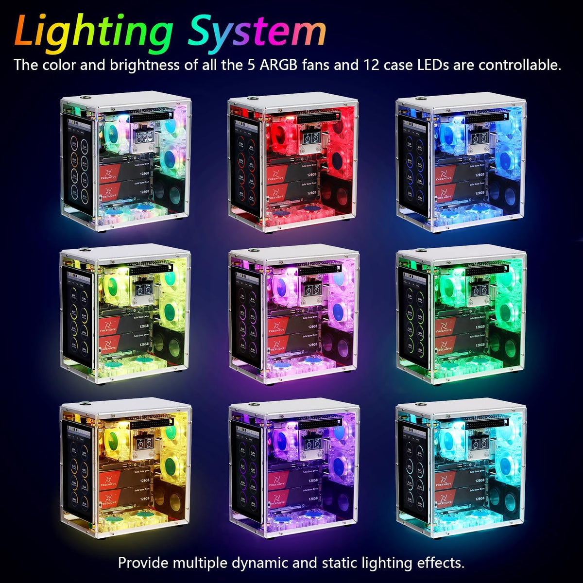Freenove Raspberry Pi 5 Case Kit Pro, Dual M.2 NVMe SSD Slots, 5 PWM ARGB Fans Light Sync, CPU Tower Cooler, 4.3" Touchscreen, Stereo Speakers, 3.5 mm Audio (SSD NOT Included)