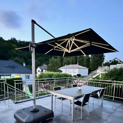 PURPLE LEAF Parasol met ledverlichting, zonnescherm, 300 x 300 cm, marktscherm, groot, 360 graden rotatie, tuinscherm met zwengel, balkonscherm, XXL, zonwering UV50+, grijs
