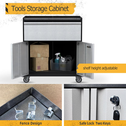 gereedschapskast met laden, werkplaatswagen garagekast met wielen en 2 afsluitbare deuren, metalen kast ideaal voor gereedschap en accessoires
