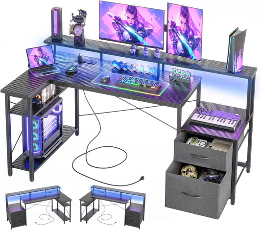 Hoekbureau – L-Vormig Bureau – Game Bureau – Computertafel – Gaming Tafel – LED-Verlichting – USB Stopcontact – 150 cm – Grote Monitorstandaard