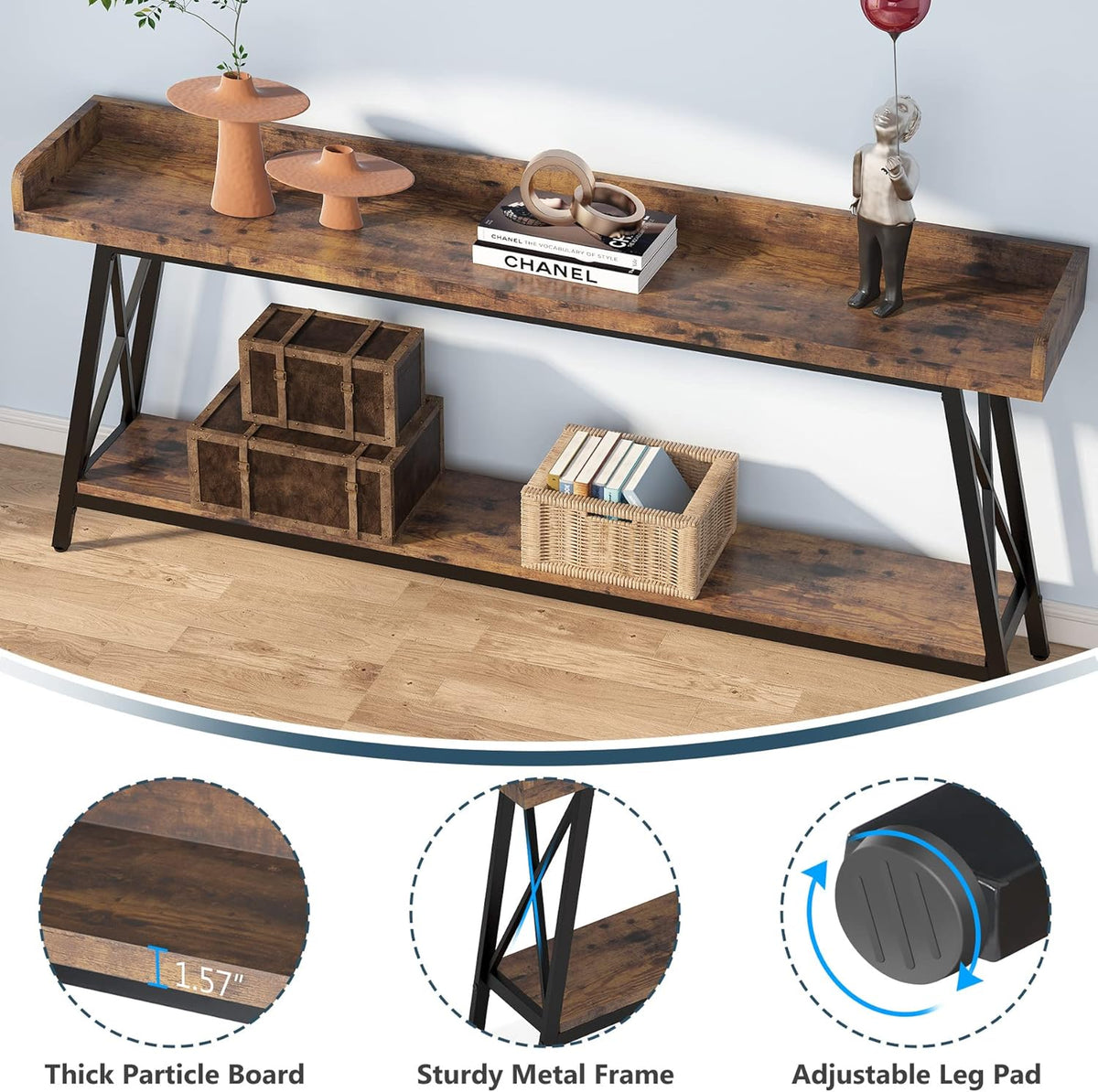 Tribesigns Console Table Rear Sofa Extra Long 180 cm Industrial Style for Living Room Narrow Entrance Long Table Brown