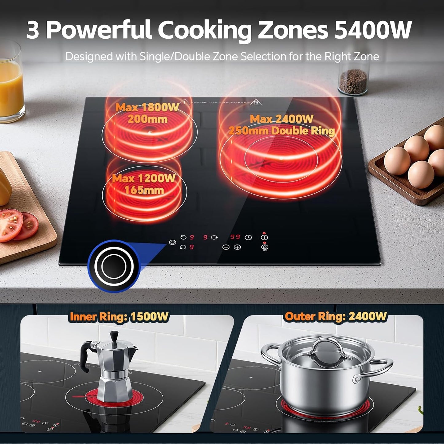Keramische Kookplaat – Inbouw Kookplaat – 3 Zones Kookplaat – Elektrische Kookplaat – Glaskeramische Kookplaat – 5400 W Vermogen – Touch-Bediening Met Timer