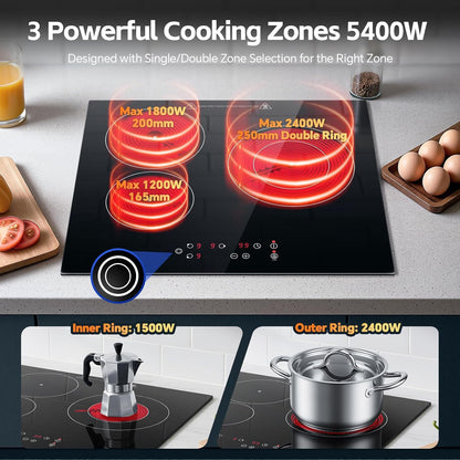Keramische Kookplaat – Inbouw Kookplaat – 3 Zones Kookplaat – Elektrische Kookplaat – Glaskeramische Kookplaat – 5400 W Vermogen – Touch-Bediening Met Timer
