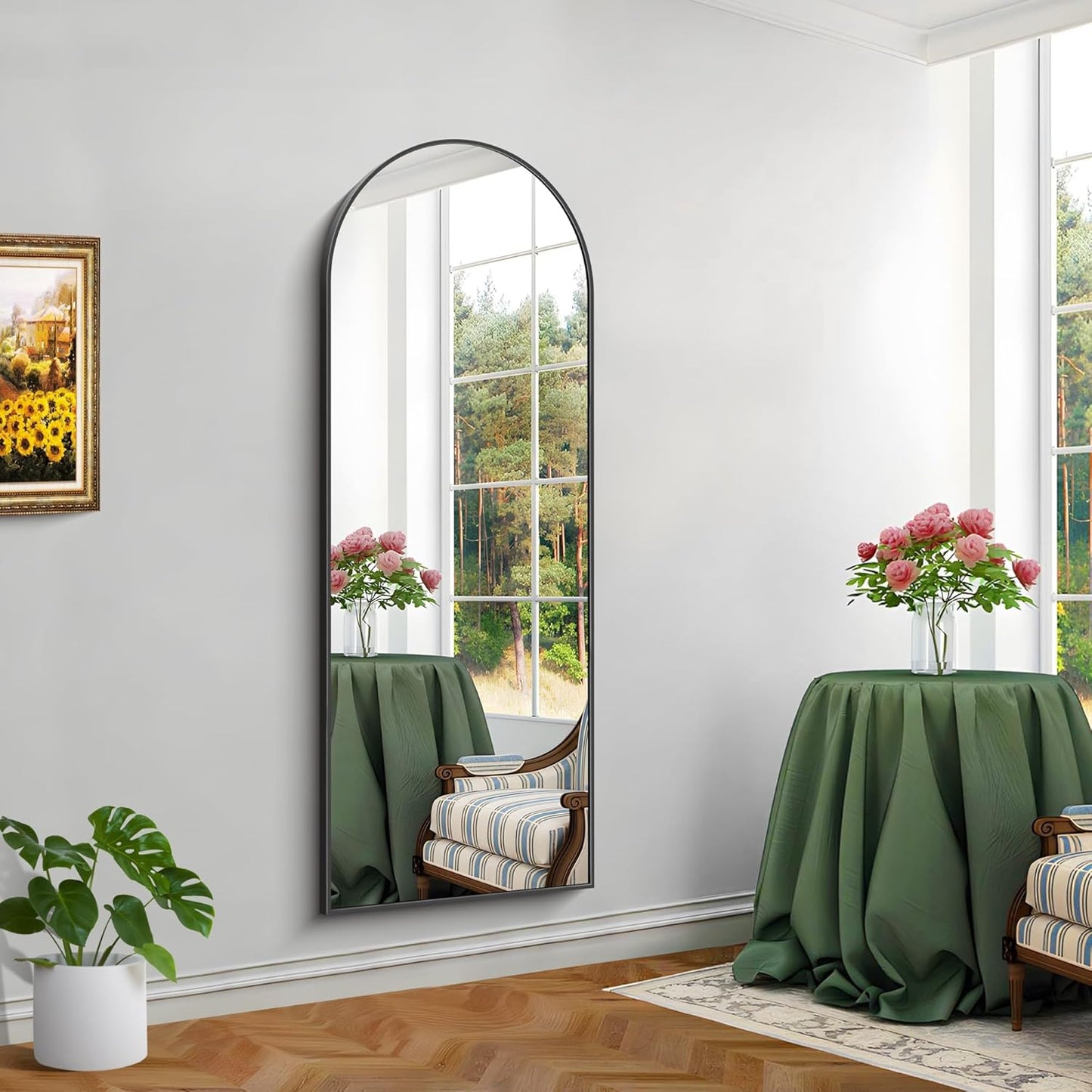 KOCUUY Bogen Staande spiegel, 179 x 65 cm, grote gebogen full-body spiegel, grote wandspiegel met zwart aluminium frame, hangend, staand, kantelbaar, voor woonkamer, slaapkamer en hal