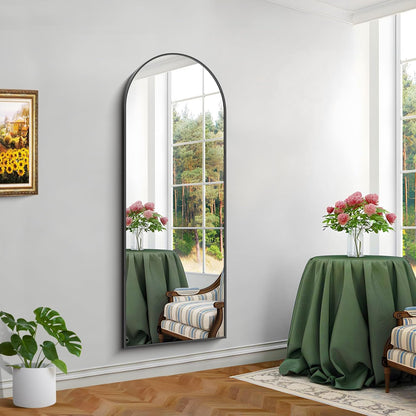 KOCUUY Bogen Staande spiegel, 179 x 65 cm, grote gebogen full-body spiegel, grote wandspiegel met zwart aluminium frame, hangend, staand, kantelbaar, voor woonkamer, slaapkamer en hal