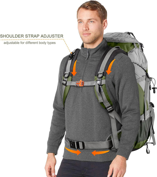 Wandelrugzak - Kampeertas - Trekking rugzak - Camping Essentials Tas - met Regenhoes 50L - Lichtgewicht - Waterdichte - 8 Verstelbare Riemen - Nylon - Groen