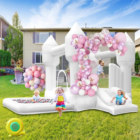Springkasteel wit met glijbaan, spring- en ballenbad, ventilator, voor kinderen 3-8 jaar, bounce house tuin/feest/bruiloft, verjaardagscadeau