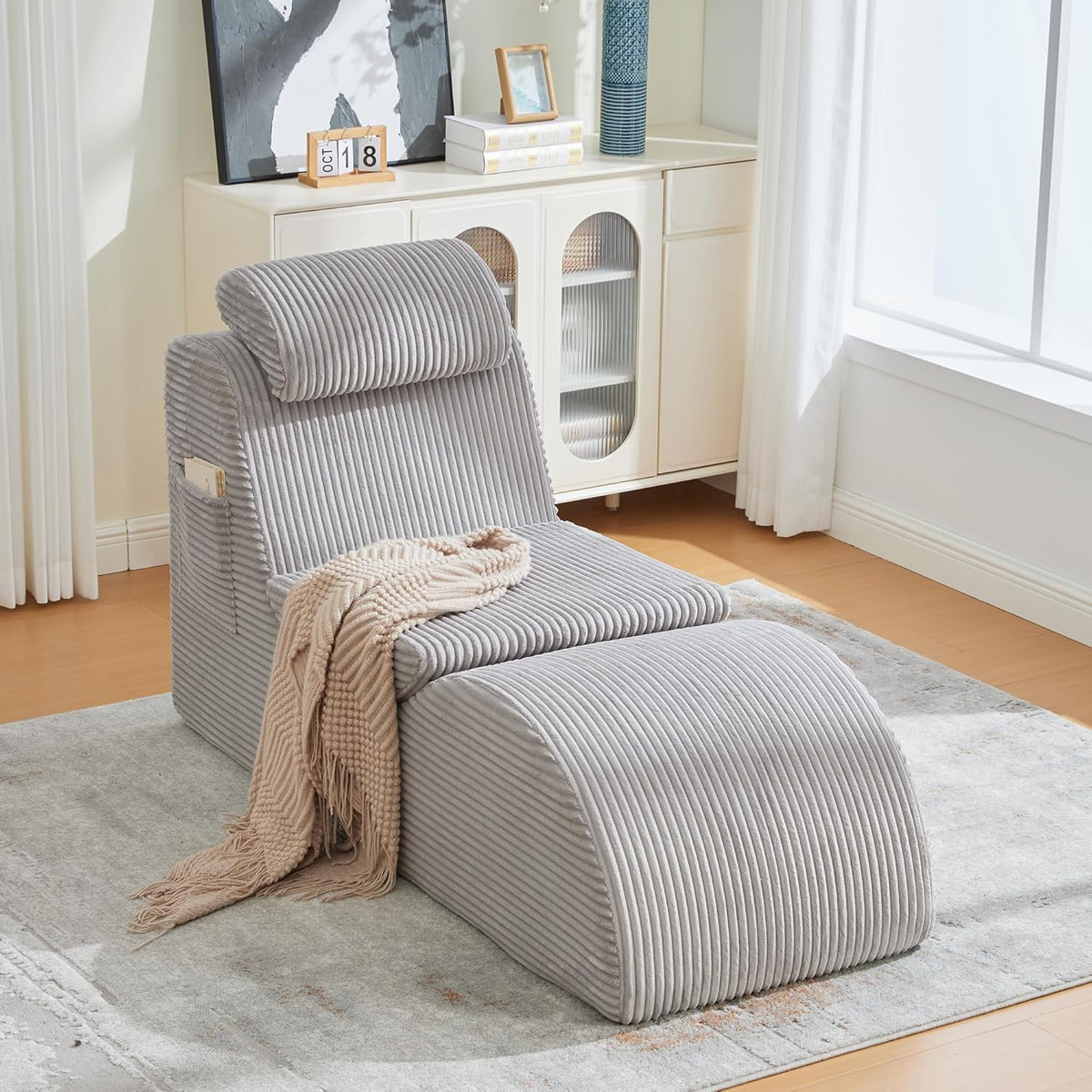 Relaxstoel – Vrijetijdsstoel – Fauteuil – Loungestoel – Leesstoel – Ergonomisch Gecomprimeerd Schuim – Afneembaar Kussen Met Zijvak – Corduroy Lichtgrijs 160x66x90 cm