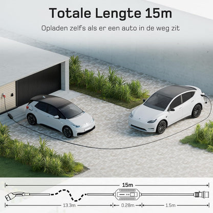 EV Charger Type 2 – Mobiele Laadstation – 3-Fase Oplader – Draagbare EV Lader – Laadkabel 15m – 22 kW Snel Laden – Weerbestendige IP66 Behuizing