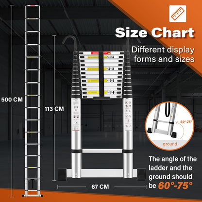 TEENO Telescopische ladder, 5 m, inklapbaar, van aluminium, met stabilisatorstang en afneembare haak, maximale belasting 150 kg