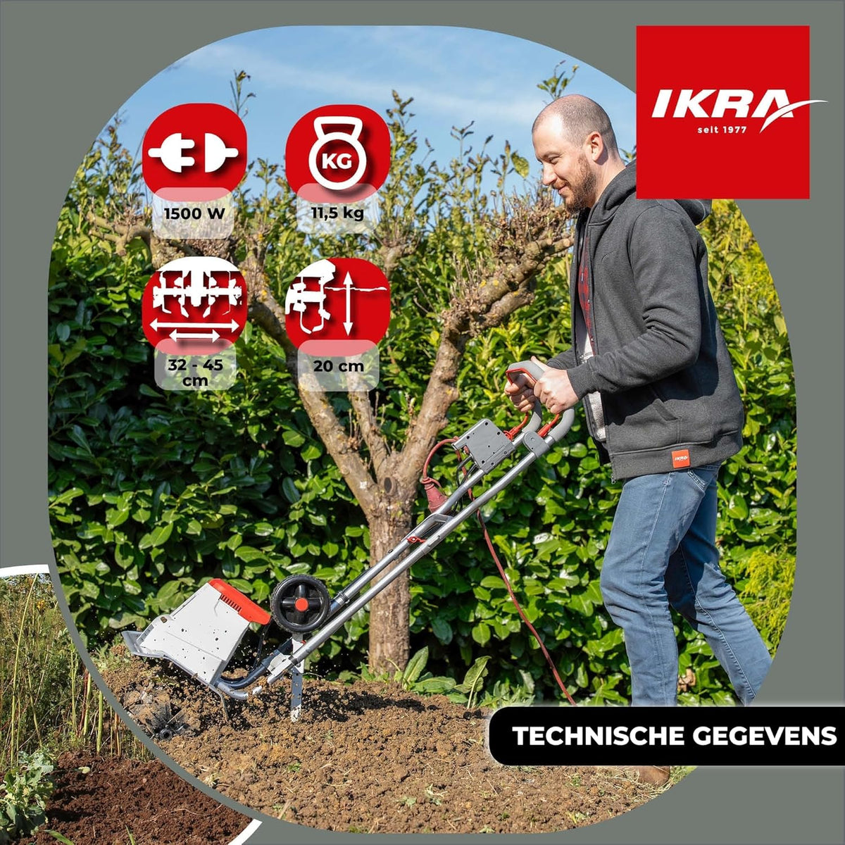 IKRA Elektrische Grondfrees IEM 1500, flexibele werkbreedte 32 & 45cm, werkdiepte tot 20cm, krachtig 1500W vermogen