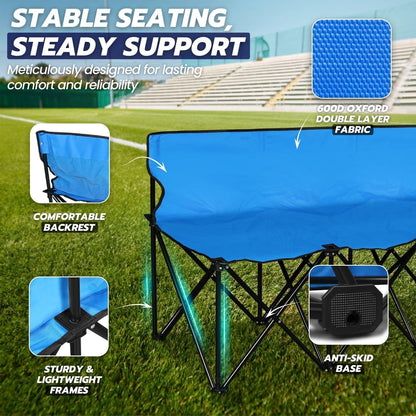 Flexzion Draagbare opvouwbare bank, 6-zits, opvouwbare voetbalbank, draagbare bankstoelen voor bleekmiddelen, camping, zijlijn, met rugleuning en draagtas, blauw