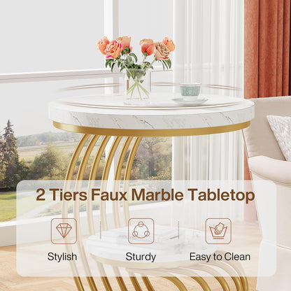 Tribesigns Golden Round Side Table: 2-stage side table in set of 2 with storage compartment, modern bedside table in white gold, accent table made of metallic imitation marble for the living room (1 pc.)