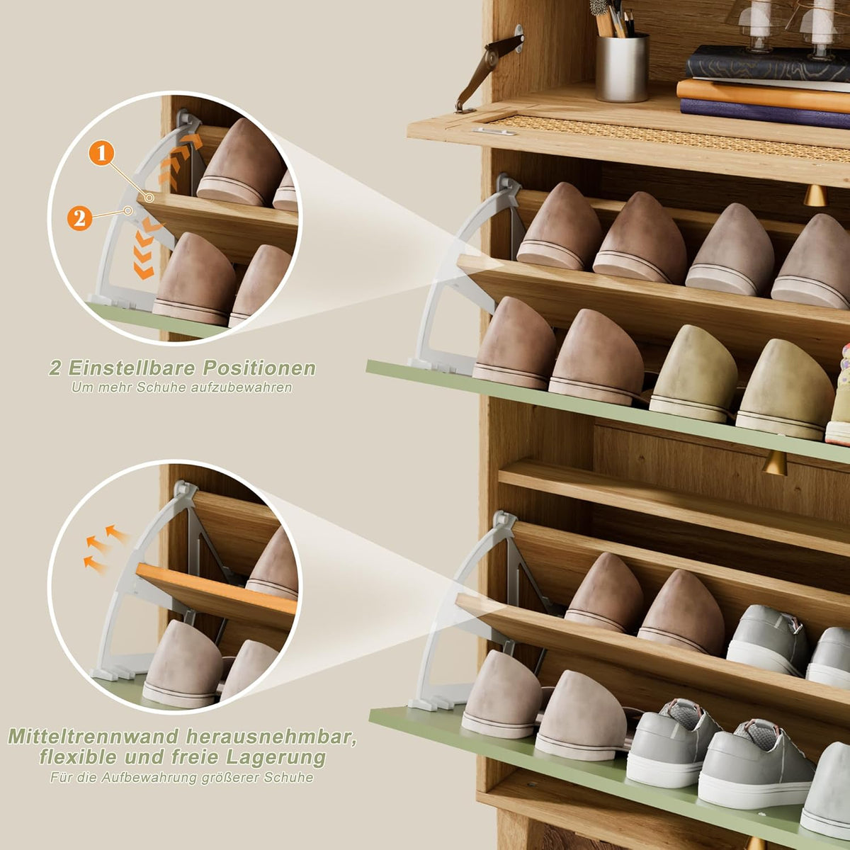 Schoenenkast – Schoenenrek – Entreekast – Opbergkast – Schoenopberger – Groen en Naturel – Compact 24 cm Diep – Verstelbaar Binnenrek