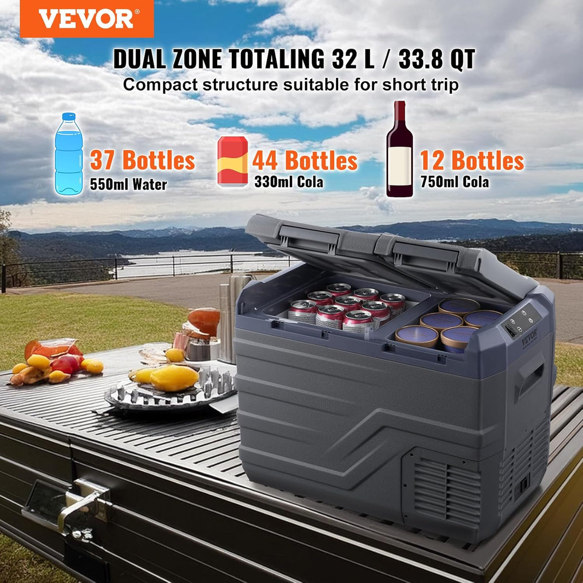 VEVOR Car Refrigerator, 12 Volt Car Fridge Refrigerator Refrigerator, 32L Dual Zone Portable Freezer, --4°F - 46°F Adjustable Range, 12/24V DC and 100-240V AC Compressor Cooler for Outdoor, Camping