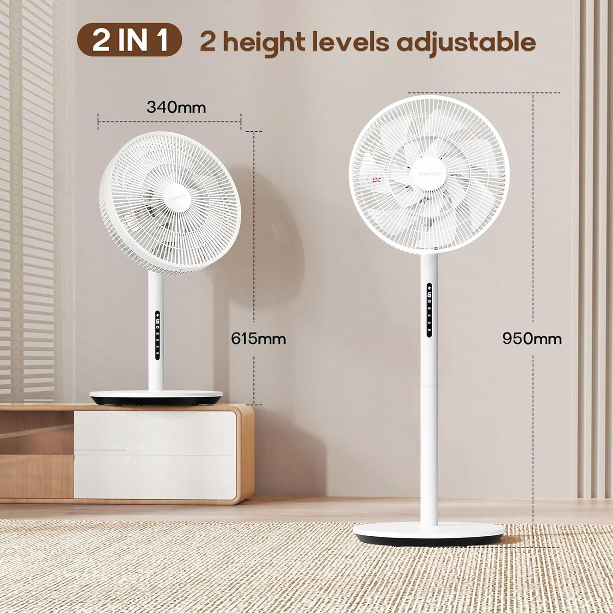 LeaderPro 12,8 dB Stille Staande Ventilator, 1980 m³/h Luchtvolume, 120° Oscillatie, 90° Handmatige Verticaal, 8 Snelheden, DC Motor, Afstandsbediening, LED Display, 8U Timer, Hoogte Verstelbaar, Wit