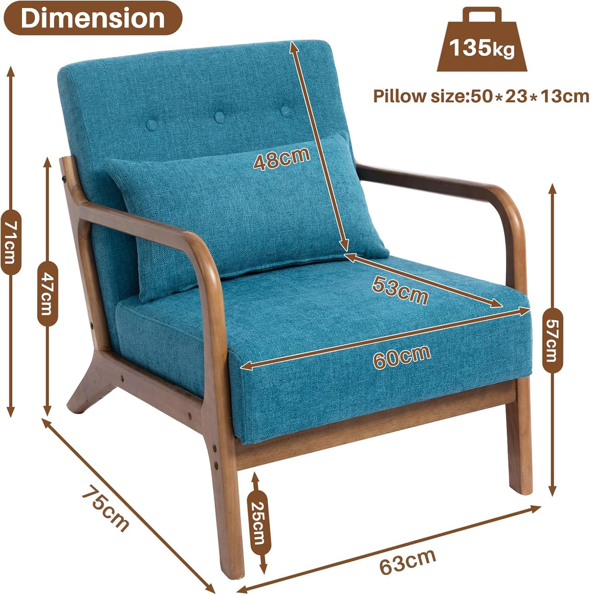 HollyHOME Armchair Living Room Comfortable Armchair Reading Chair Bedroom Relax Accent Chairs with Wooden Frame, Teal - QUORE