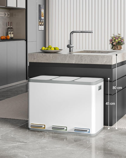 Hzuaneri Garbage Separation System for Kitchen, 3 Compartments, 45 L (3 x 15 L), Stainless Steel Kitchen Waste Bin, Pedal Bin with Colour-Codable Pedals, Waste Bin, Quiet Slow Descent, White