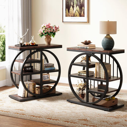 Tribesigns 5 Tier Side Table, Narrow Wood, 60 x 30 cm, Coffee Table, Sofa Table with Metal Frame, Industrial Side Table for Living Room, Tall Narrow Bedside Table for Bedroom (2 Sets)