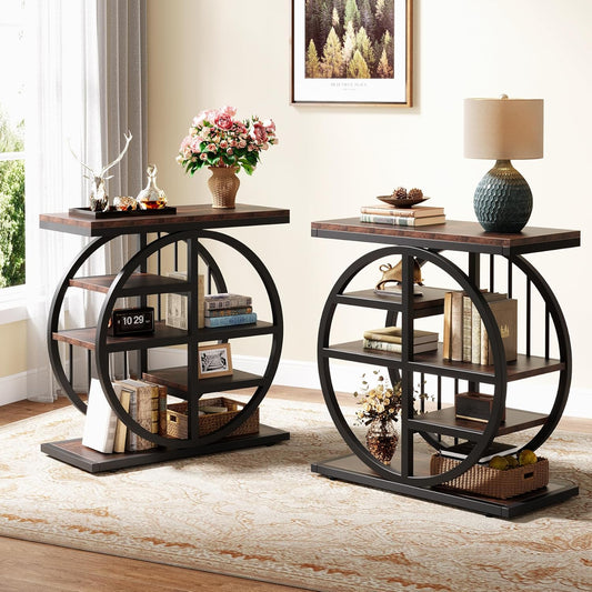 Tribesigns 5 Tier Side Table, Narrow Wood, 60 x 30 cm, Coffee Table, Sofa Table with Metal Frame, Industrial Side Table for Living Room, Tall Narrow Bedside Table for Bedroom (2 Sets)