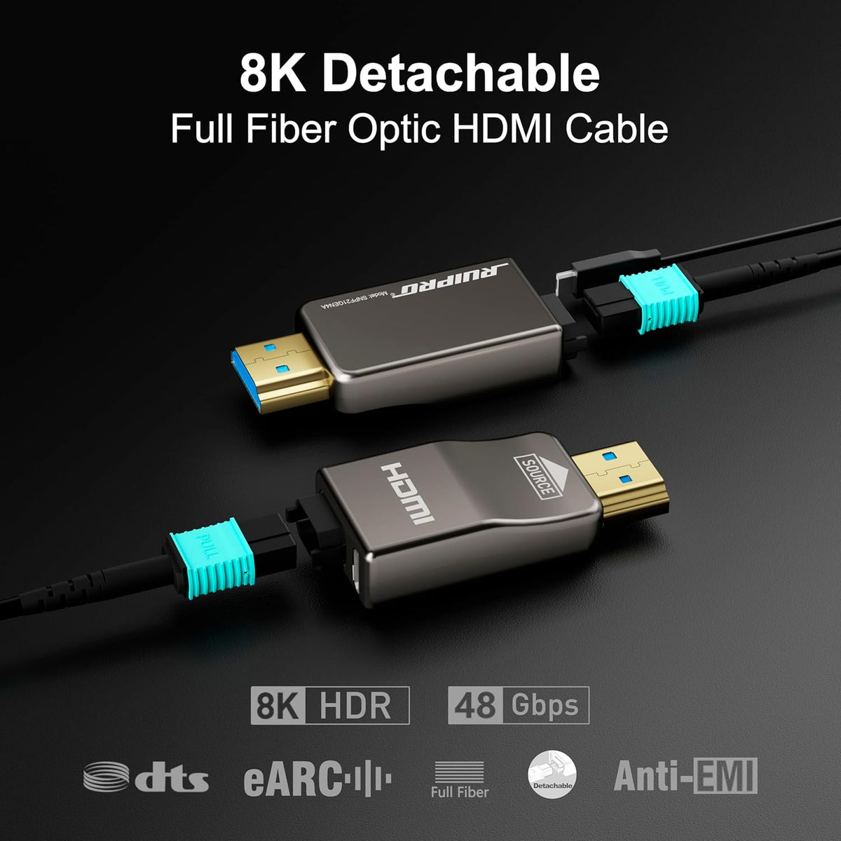 8K afneembare Full Fiber Optic Gepantserde HDMI 2.1-kabel 50FT, Ultra High Speed 48 Gbps, ondersteuning 8K @60Hz 4K @120Hz, Dynamische HDR, eARC, compatibel met TV/PS5/Xbox/Blu-ray/Monitor