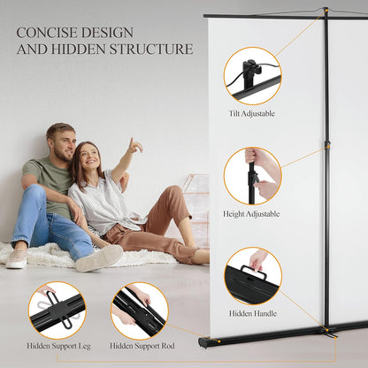 Beamerscherm met standaard, projectorscherm 80 inch, 16:9, draagbaar, projectiescherm, projectie met ultrakorte afstand mogelijk, optrekbaar, compact design, ideaal voor thuisbioscoop, binnen- en
