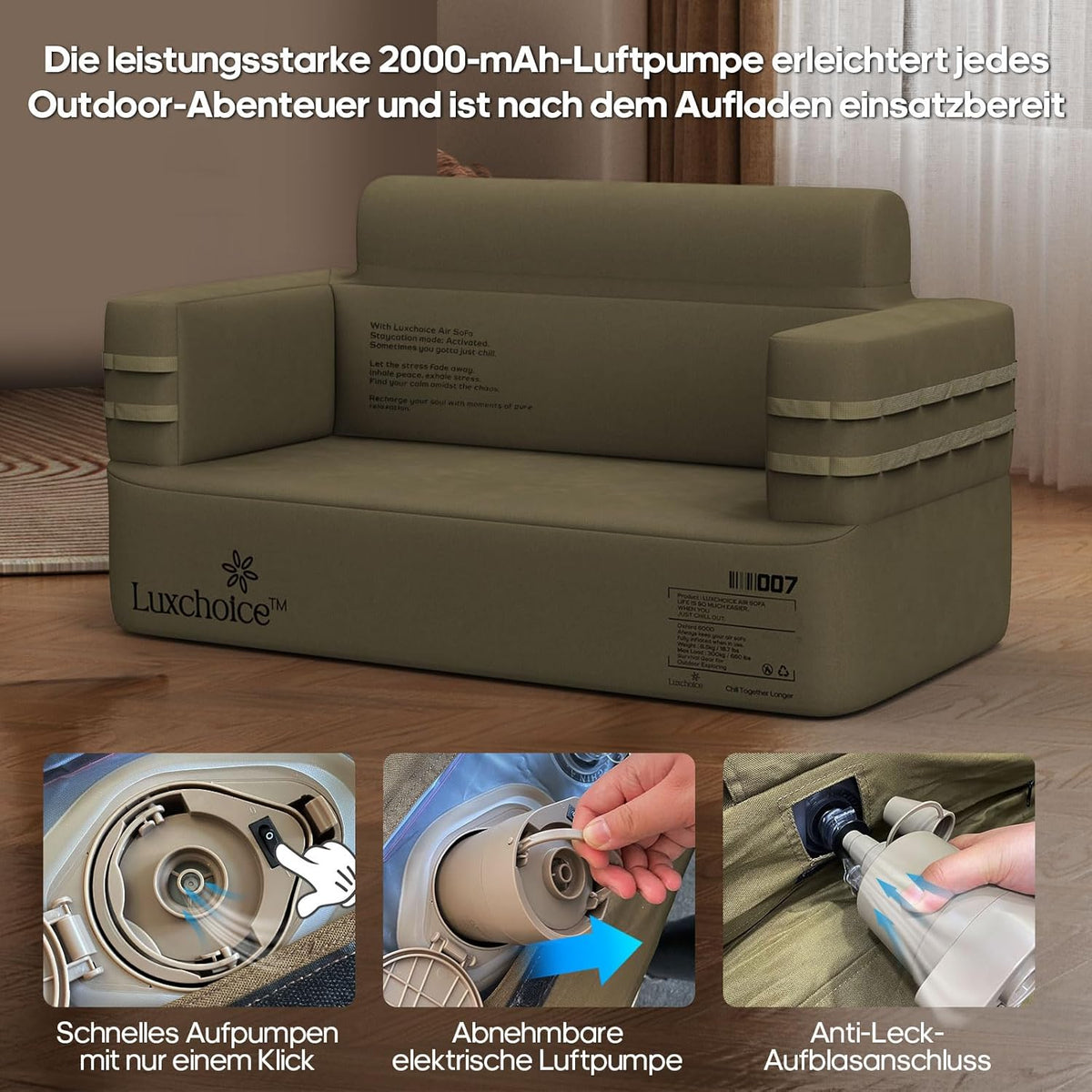 Opblaasbare sofa, camping, luchtbank, campingbank, opblaasbare bank, outdoor luchtsofa met armleuning en draagbare pomp