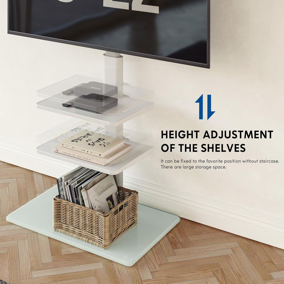 Tv-Vloerstandaard Wit – Tv Standaard – Tv Stand – Universele Tv Standaard – Vrijstaande Tv Standaard – Voor 32-60 Inch Tv met 3 Planken, Draaibaar Tot 70°